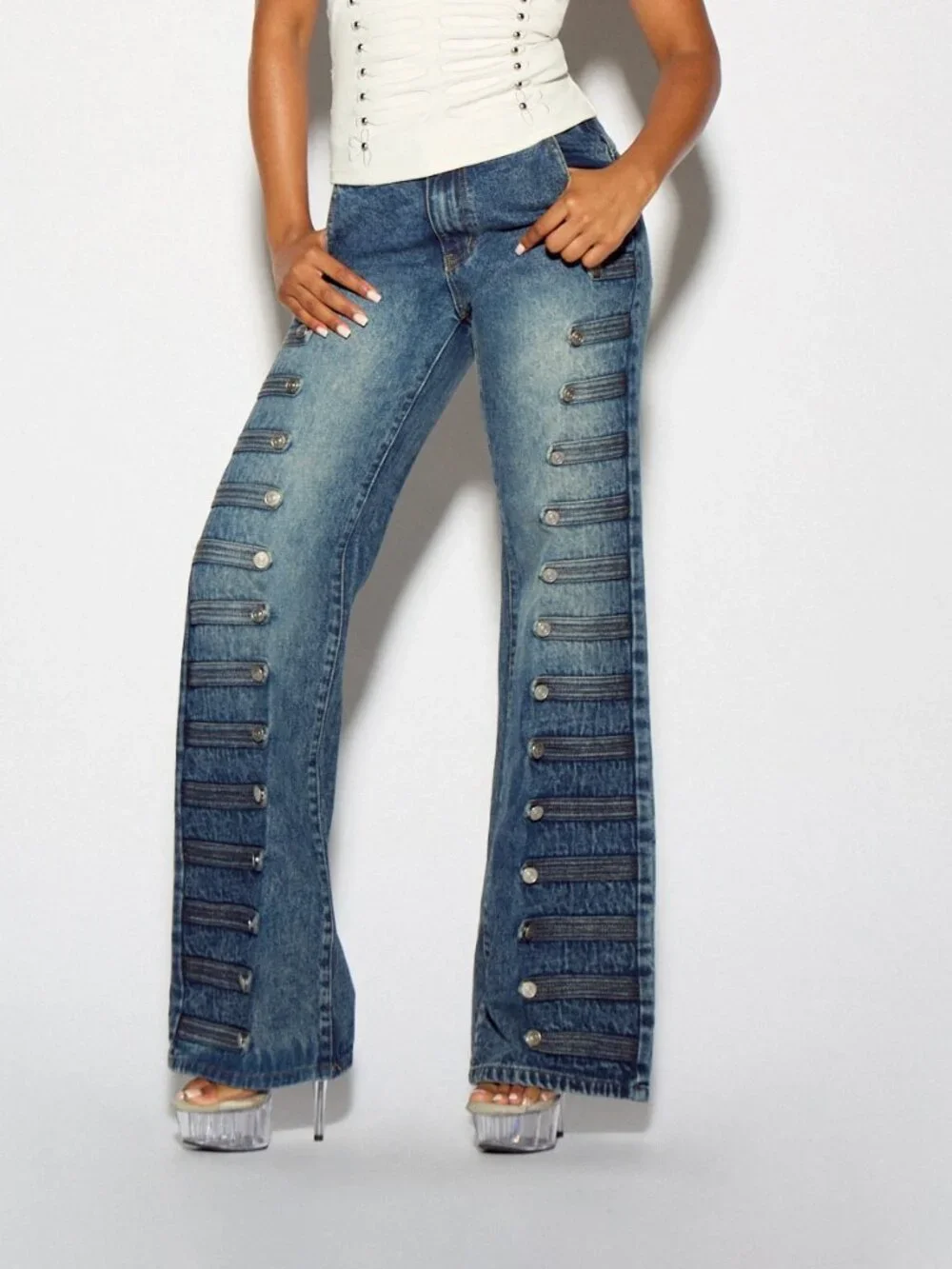 Blue Casual Women's Wide Flared Denim Jeans With Side Button Detail